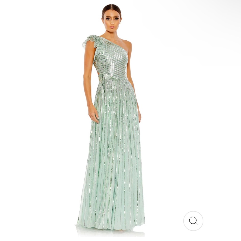 Mac Duggal #5565 SEQUINED 1 SHOULDER FLUTTER SLEEVE A LINE GOWN. Turq Sz 14